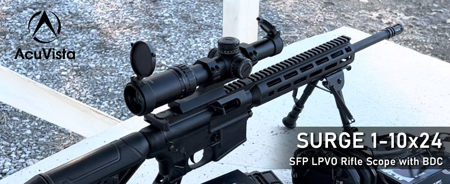 AcuVista SURGE 1-10x24 SFP LPVO scope mounted on a rifle, showcasing its appearance and functionality in actual use.
