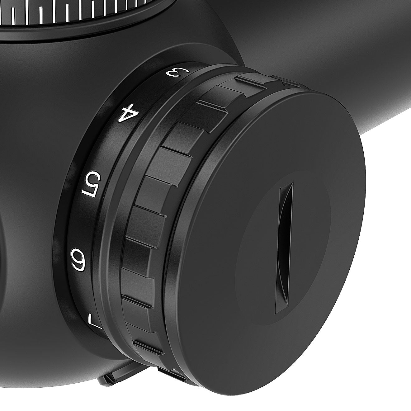 Close-up view of the AcuVista SURGE 1-6X24 LPVO red illumination adjustment knob, showing 11 levels of red illumination settings.