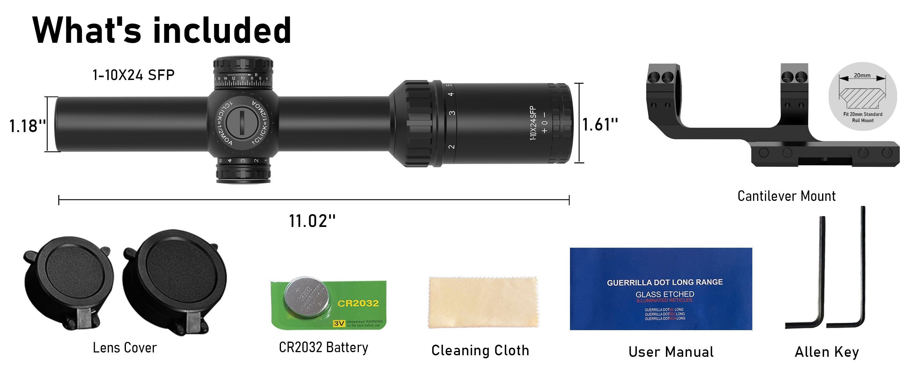 AcuVista SURGE 1-10x24 SFP LPVO scope package contents display, including the scope body, lens covers, CR2032 battery, cleaning cloth, user manual, cantilever mount, and Allen keys.