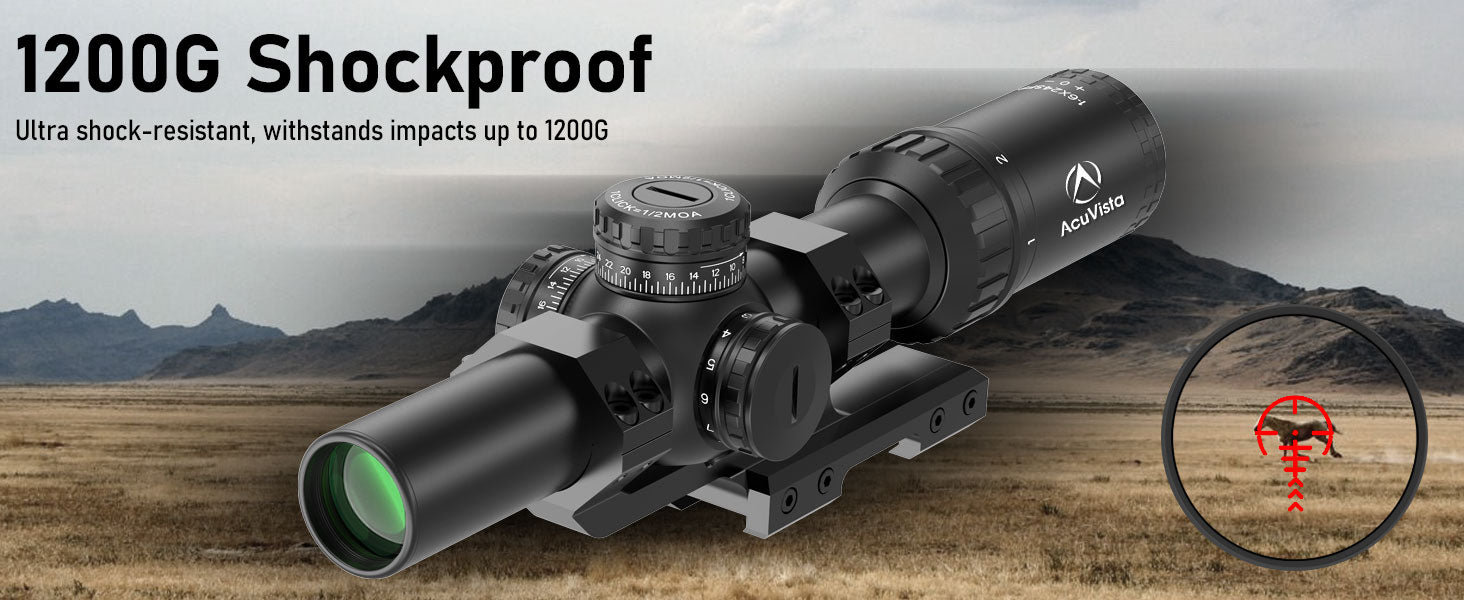 AcuVista SURGE 1-6X24 LPVO Scope with 1200G shockproof performance, ultra shock-resistant, withstands impacts up to 1200G.