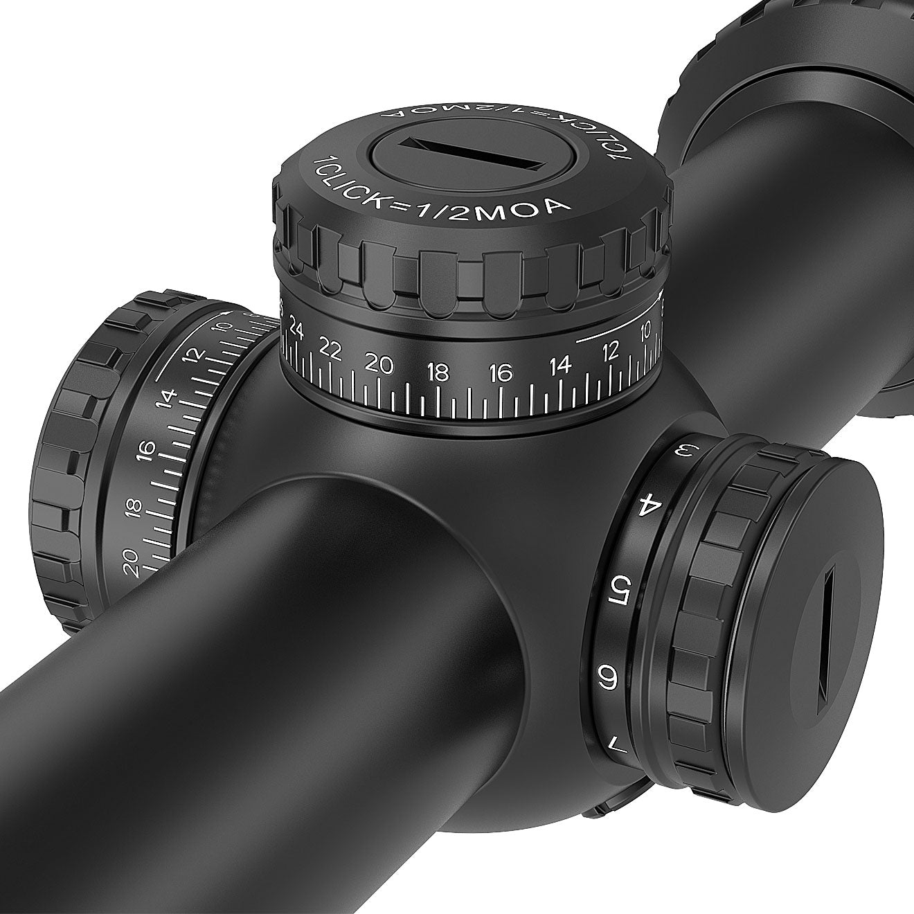 Close-up of the adjustment knobs on the AcuVista SURGE 1-10x24 SFP LPVO scope, showing the windage and elevation knobs with their markings.