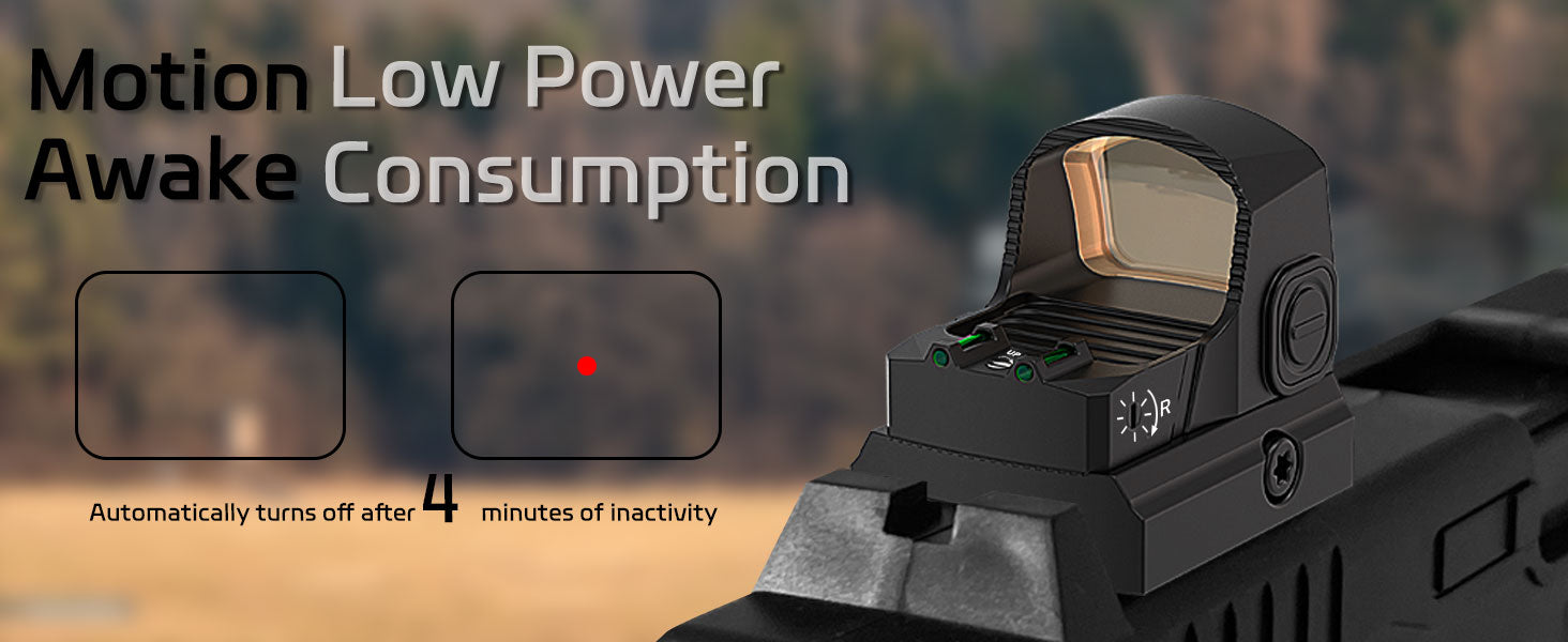AcuVista INSTINCT RW3-F RED DOT SIGHT showing low power mode, automatically turns off after 4 minutes of inactivity, with motion awake feature.