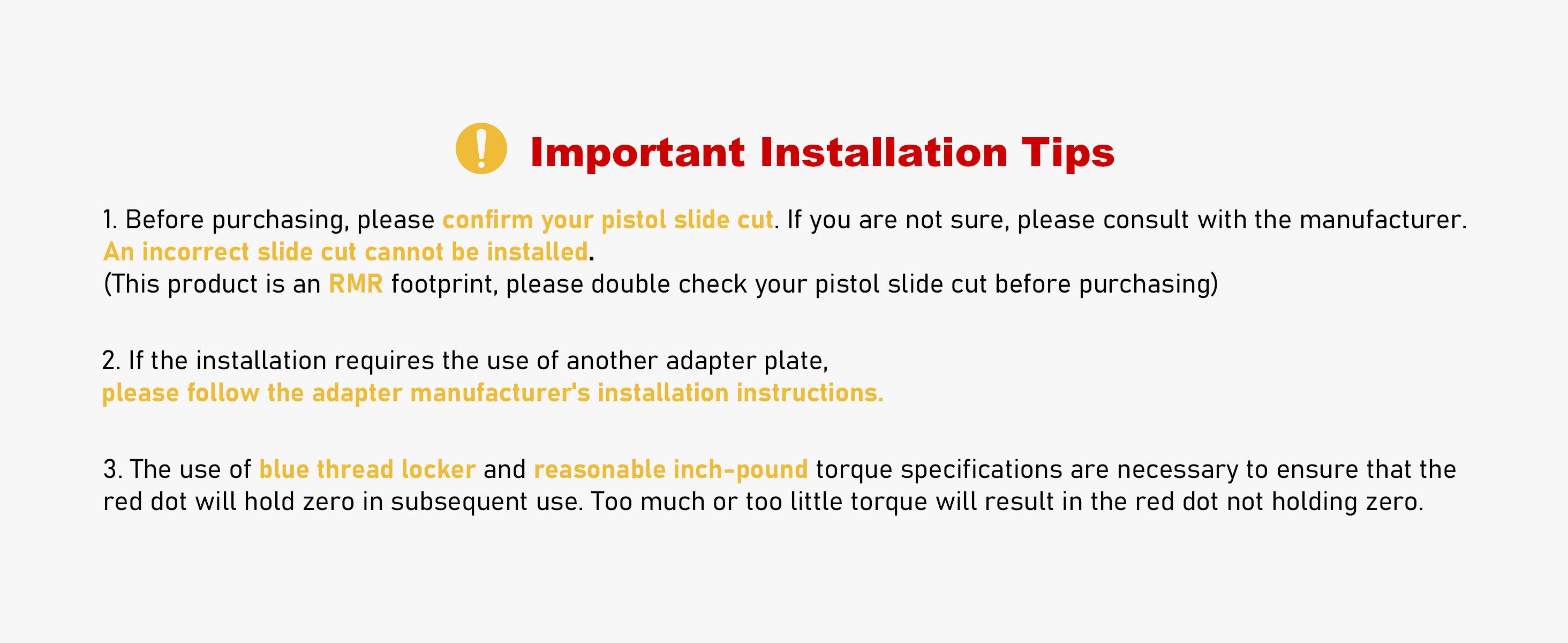 AcuVista SR6 installation tips, including confirming pistol slide cut, following adapter manufacturer's installation instructions, and using blue thread locker and reasonable torque specifications.