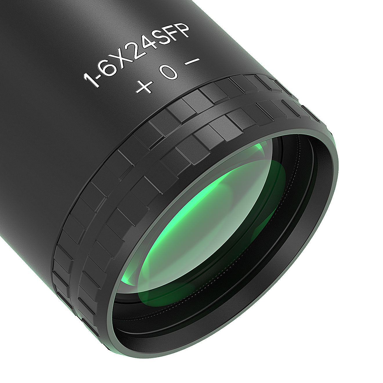 Close-up view of the AcuVista SURGE 1-6X24 LPVO high-definition optic, showing 1-6X24 SFP and adjustment scale.