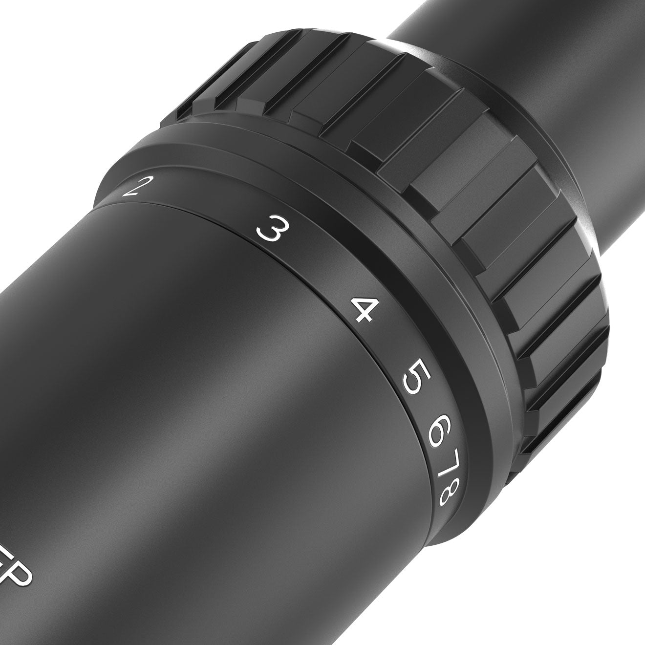 Close-up view of the AcuVista SURGE 1-8X24 LPVO zoom adjustment knob, showing 1-8x magnification settings.