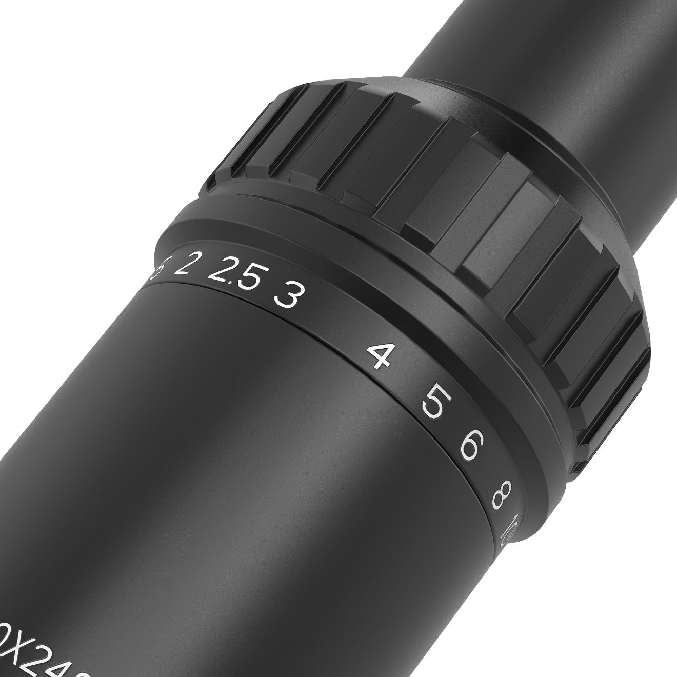 Close-up of the magnification adjustment ring on the AcuVista SURGE 1-10x24 SFP LPVO scope, showing magnification settings from 1x to 10x for short to medium range aiming.