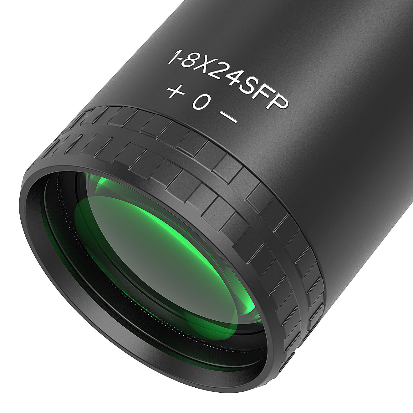Close-up of the objective lens on the AcuVista SURGE 1-8x24 SFP LPVO scope, showcasing the optical design and marking.