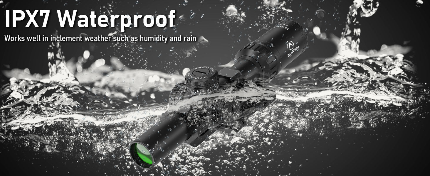 AcuVista SURGE 1-10x24 SFP LPVO scope demonstrating its IPX7 waterproof performance, suitable for use in inclement weather such as humidity and rain. The image shows the scope submerged in water.