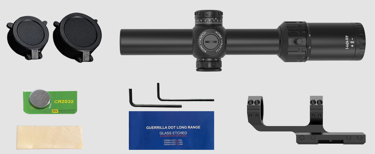 Scope and accessories including battery, lens covers, mounting tools