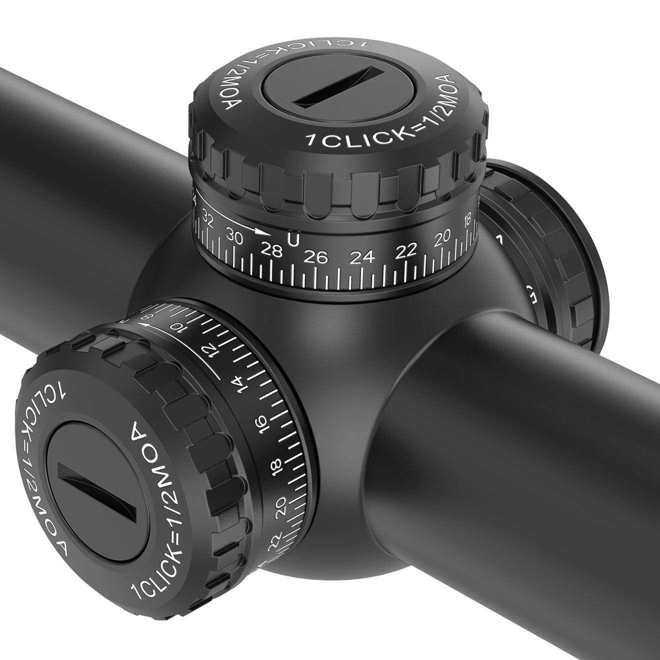 Close-up view of the AcuVista SURGE 1-6X24 LPVO precision reset turret, showing 1 click=1/2 MOA scale and adjustment options.