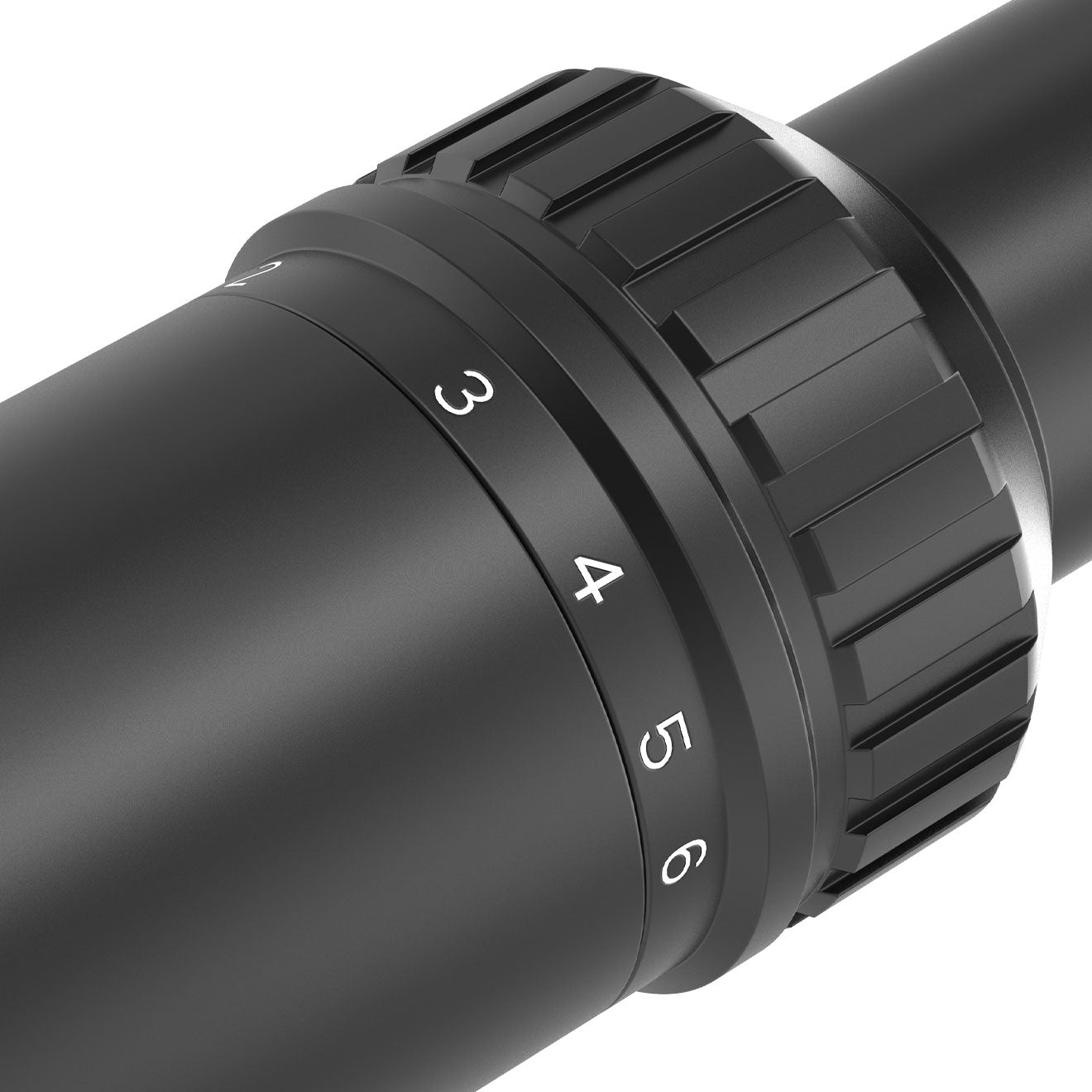 Close-up view of the AcuVista SURGE 1-6X24 LPVO zoom adjustment knob, showing 1-6x magnification settings.