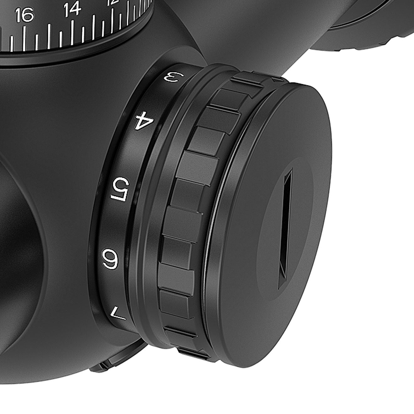 Close-up of the red illumination adjustment knob on the AcuVista SURGE 1-10x24 SFP LPVO scope, showing the built-in dial to control scope illumination with 11 levels of all-red illumination settings.