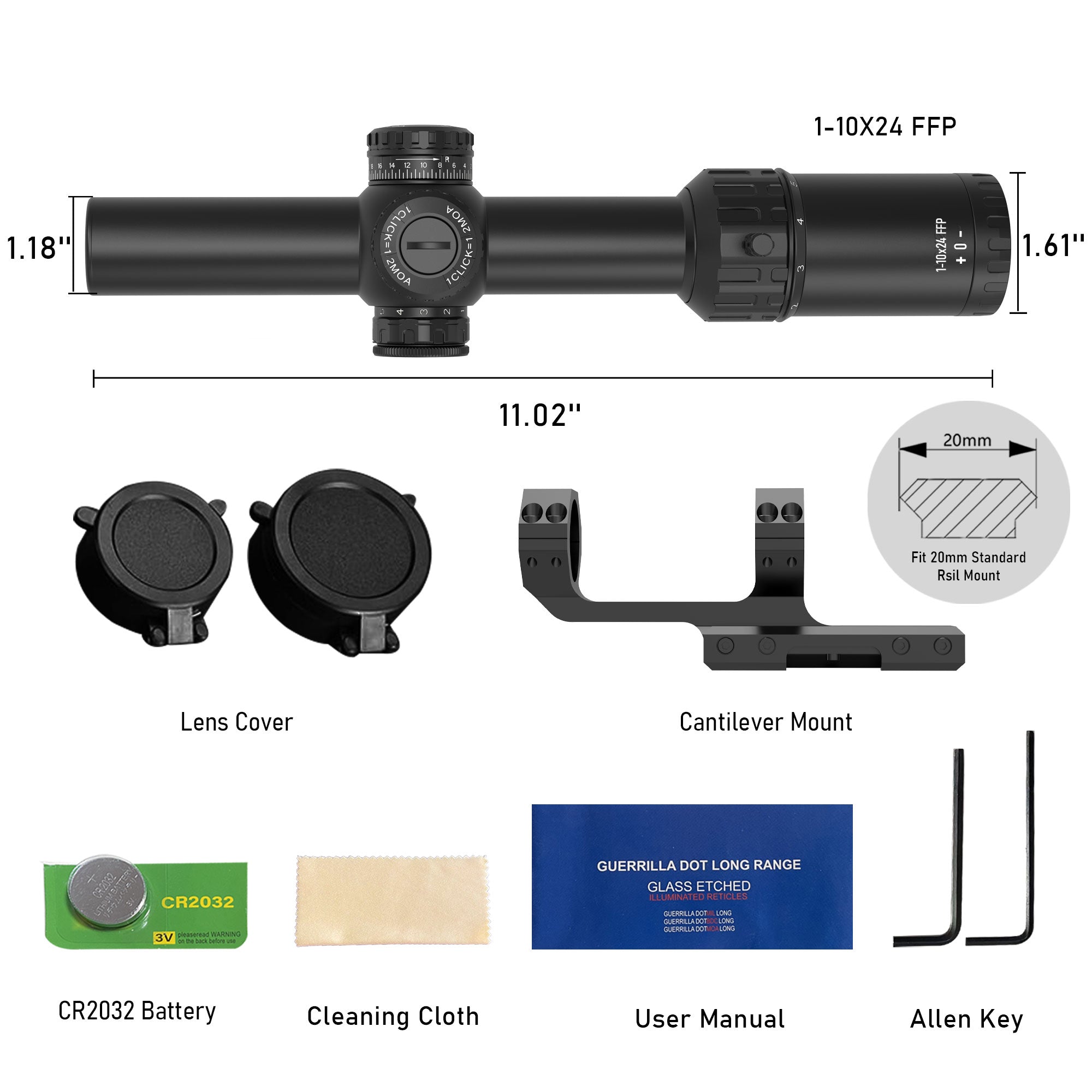 AcuVista SURGE 1-10x24 FFP LPVO scope and accessories
