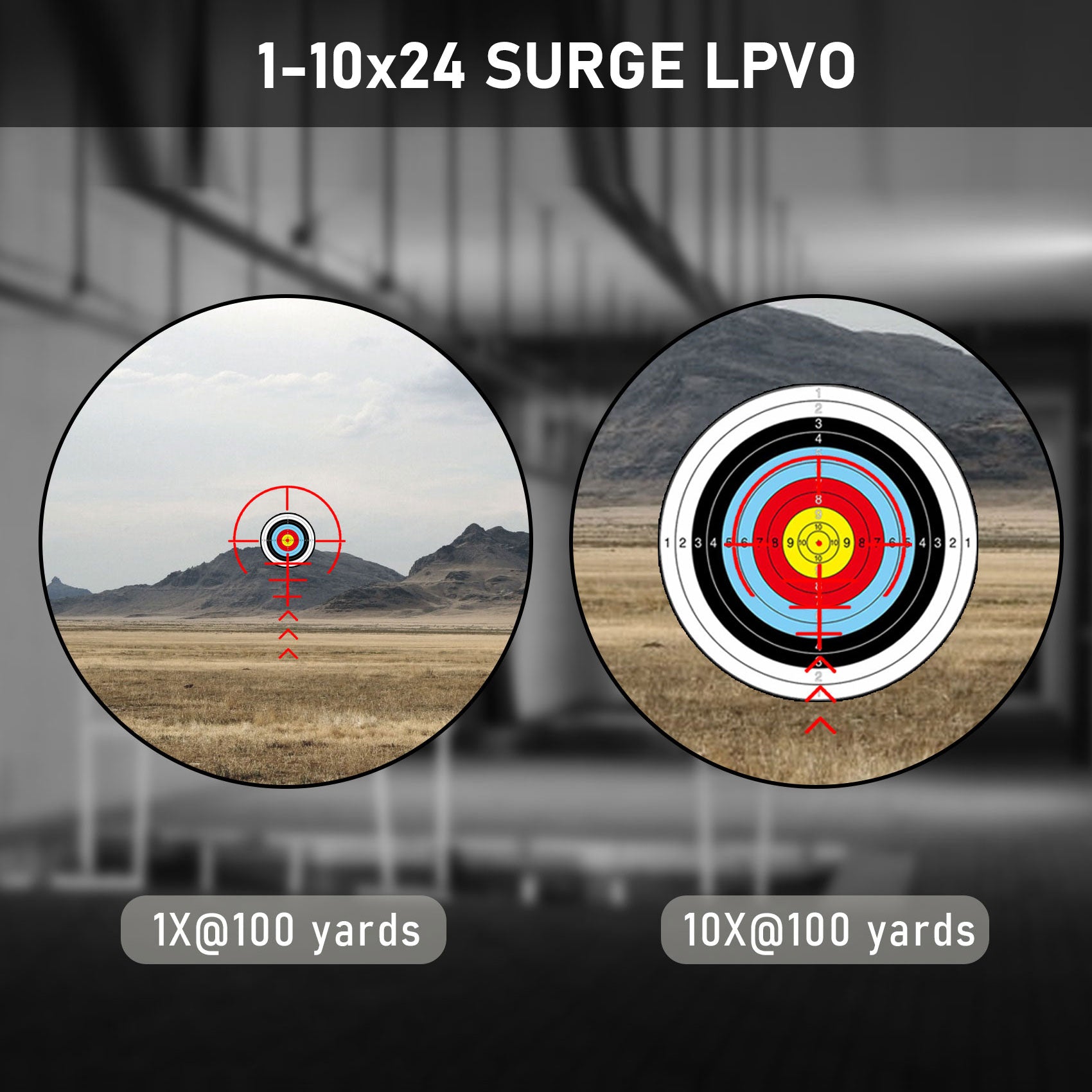 Field of view comparison of the AcuVista SURGE 1-10x24 SFP LPVO scope at 1X and 10X magnification at 100 yards, showcasing the best LPVO scope performance.
