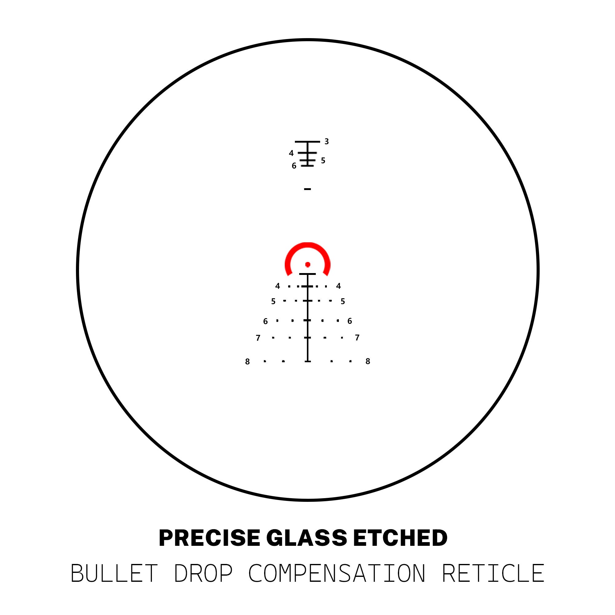 AcuVista SURGE 1-6x24 FFP LPVO scope glass etched bullet drop compensation reticle.
