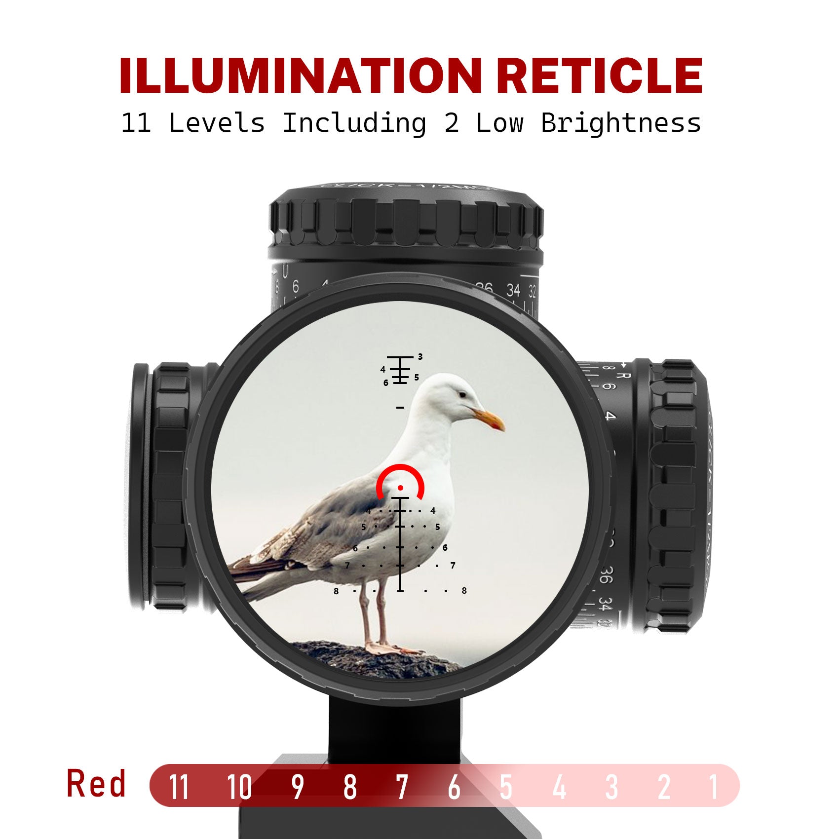 AcuVista SURGE 1-6x24 FFP LPVO scope illumination reticle with 11 brightness levels.
