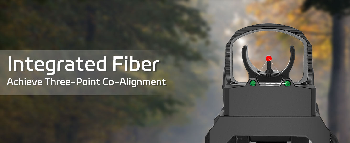 AcuVista INSTINCT RW3-F RED DOT SIGHT showcasing integrated fiber and three-point co-alignment feature.