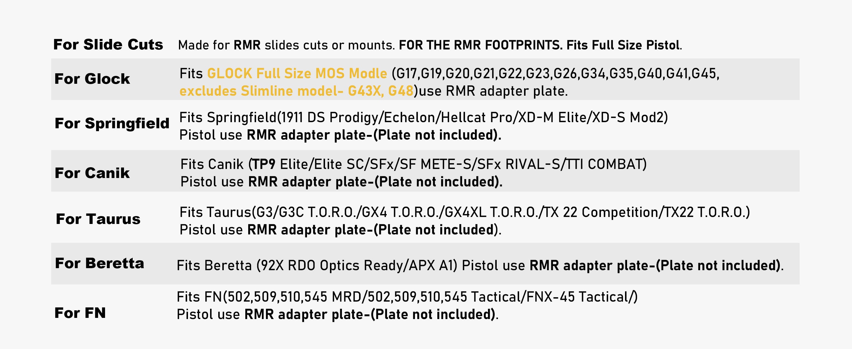 AcuVista SR6 Installation Guide, suitable for RMR slide cuts or mounts, compatible with Glock, Springfield, Canik, Taurus, Beretta, and FN pistols.