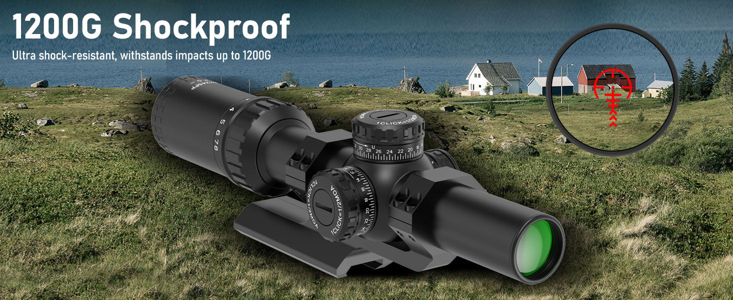 AcuVista SURGE 1-10x24 SFP LPVO scope demonstrating its shockproof performance, capable of withstanding impacts up to 1200G. The image shows the full scope and the red crosshair in the aiming view.