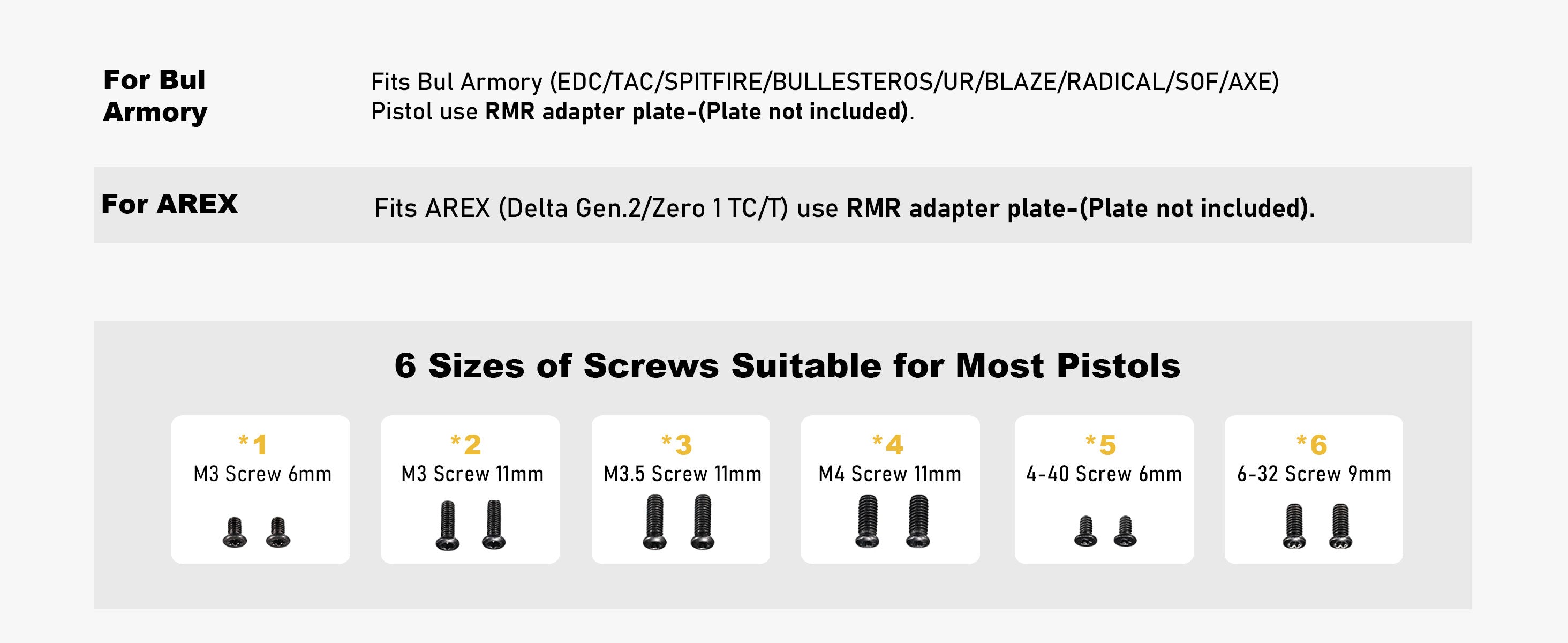 AcuVista SR6 Installation Guide (Continued), suitable for Bul Armory and AREX pistols, requiring RMR adapter plate (not included). Includes 6 sizes of screws suitable for most pistols: M3 6mm, M3 11mm, M3.5 11mm, M4 11mm, 4-40 6mm, 6-32 9mm.
