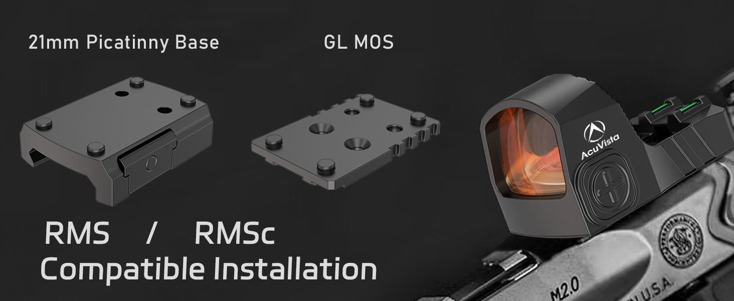 AcuVista INSTINCT RW3-F RED DOT SIGHT package contents, including red dot sight, protective cover, Picatinny mount, MOS adapter plate, screws, CR2032 battery, screwdriver, adjustment tool, and cleaning cloth.